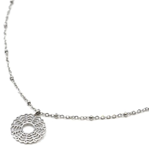 Collier-Chaine-Boules-Pendentif-Fleur-Rosace-Ajouree-Acier-Argente