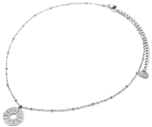 Collier-Chaine-Boules-Pendentif-Fleur-Rosace-Ajouree-Acier-Argente