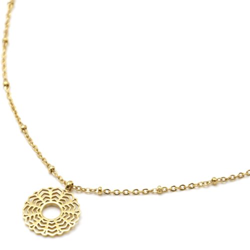 Collier-Chaine-Boules-Pendentif-Fleur-Rosace-Ajouree-Acier-Dore