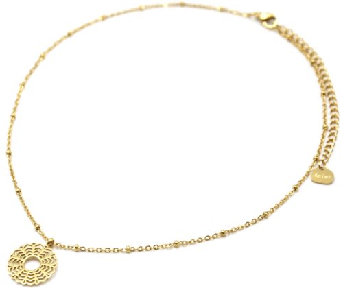 Collier-Chaine-Boules-Pendentif-Fleur-Rosace-Ajouree-Acier-Dore
