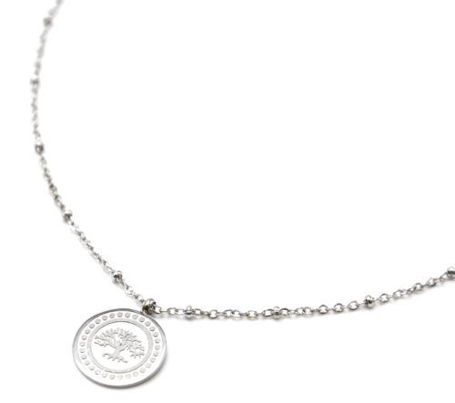 Collier-Chaine-Boules-Pendentif-Medaille-Arbre-de-Vie-et-Points-Acier-Argente