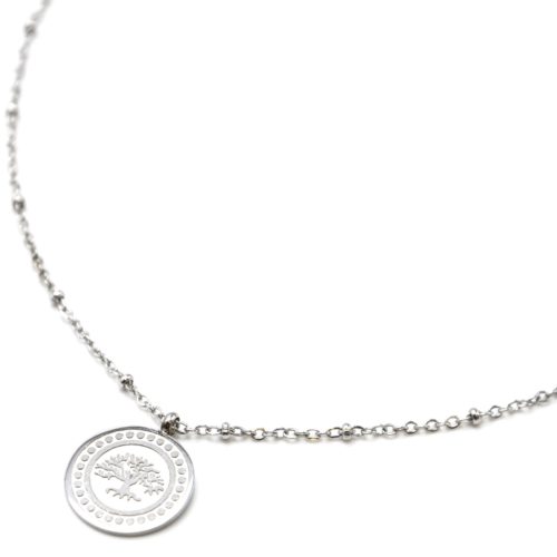 Collier-Chaine-Boules-Pendentif-Medaille-Arbre-de-Vie-et-Points-Acier-Argente