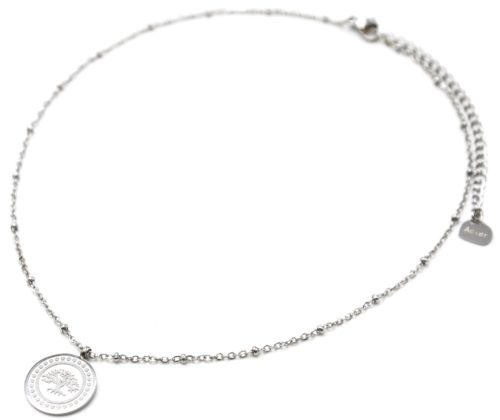 Collier-Chaine-Boules-Pendentif-Medaille-Arbre-de-Vie-et-Points-Acier-Argente