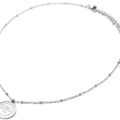 Collier-Chaine-Boules-Pendentif-Medaille-Arbre-de-Vie-et-Points-Acier-Argente