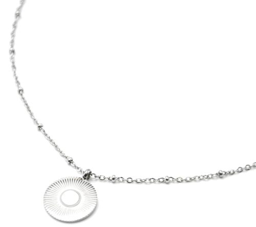 Collier-Chaine-Boules-Pendentif-Medaille-Rayons-Soleil-Acier-Argente-et-Nacre-Blanc