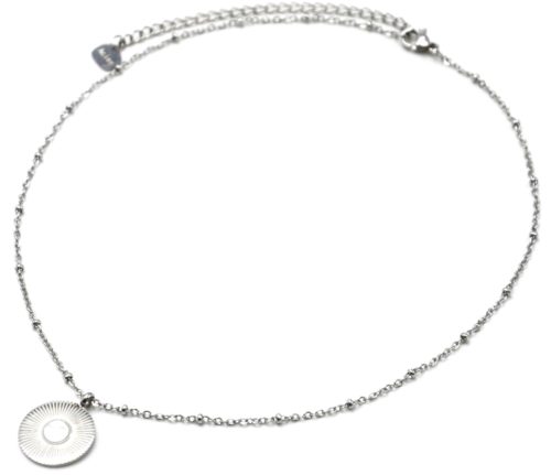 Collier-Chaine-Boules-Pendentif-Medaille-Rayons-Soleil-Acier-Argente-et-Nacre-Blanc