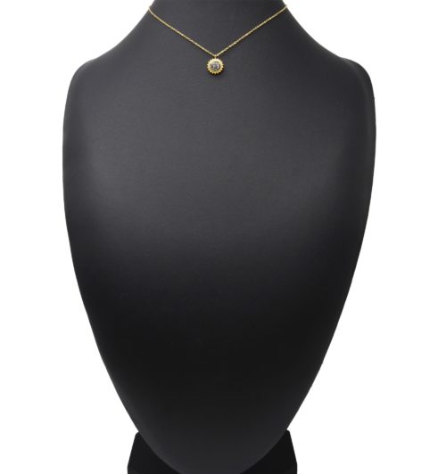 Collier-Fine-Chaine-Pendentif-Soleil-Contour-Acier-Dore-et-Strass-Gris