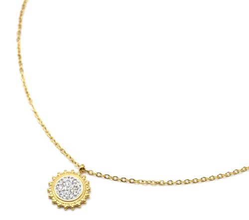 Collier-Fine-Chaine-Pendentif-Soleil-Contour-Acier-Dore-et-Strass-Blanc