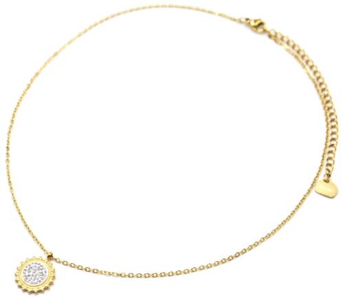 Collier-Fine-Chaine-Pendentif-Soleil-Contour-Acier-Dore-et-Strass-Blanc