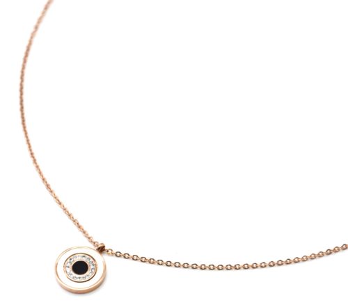 Collier-Fine-Chaine-Acier-Or-Rose-Pendentif-Cercle-Nacre-Strass-et-Email-Noir