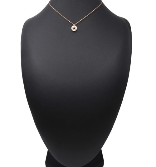 Collier-Fine-Chaine-Acier-Or-Rose-Pendentif-Cercle-Nacre-Strass-et-Email-Noir