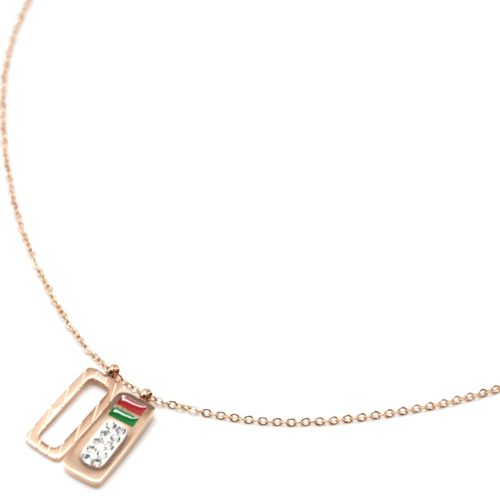 Collier-Fine-Chaine-Pendentif-Rectangles-Acier-Or-Rose-Strass-et-Email-Rouge-Vert