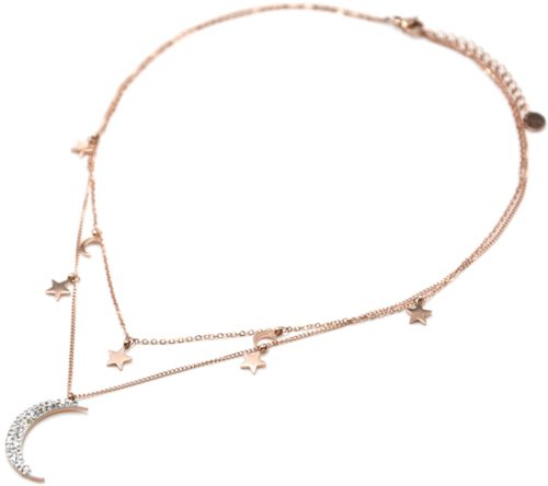 Collier-Double-Chaine-avec-Etoiles-et-Lunes-Acier-Or-Rose-et-Strass