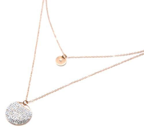 Collier-Double-Chaine-avec-Medaille-Acier-Or-Rose-et-Cercle-Bombe-Strass