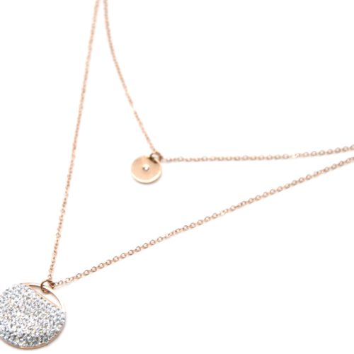 Collier-Double-Chaine-avec-Medaille-Acier-Or-Rose-et-Cercle-Bombe-Strass