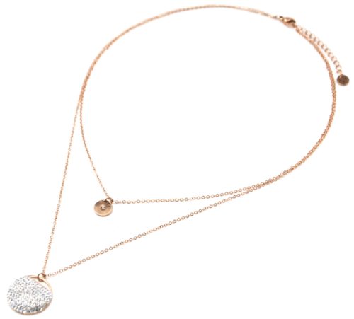 Collier-Double-Chaine-avec-Medaille-Acier-Or-Rose-et-Cercle-Bombe-Strass