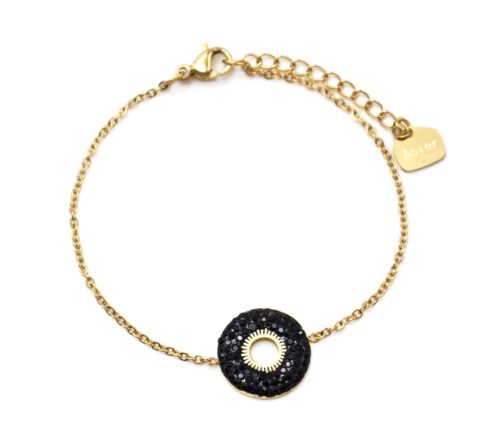 Bracelet-avec-Cercle-Strass-Noir-et-Centre-Soleil-Ajoure-Acier-Dore