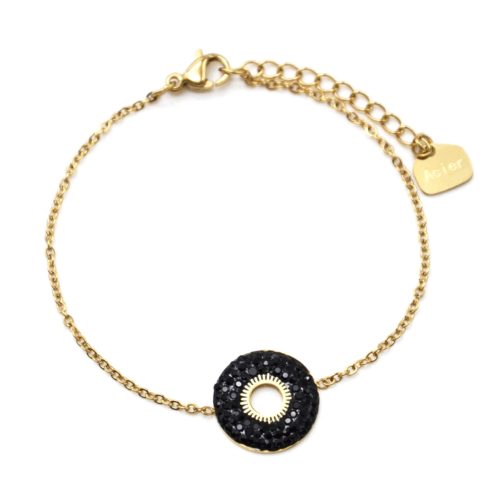 Bracelet-avec-Cercle-Strass-Noir-et-Centre-Soleil-Ajoure-Acier-Dore