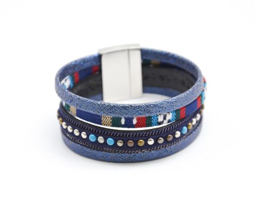 Bracelet-Manchette-Multi-Rangs-Cuir-Paillete-Tissu-Peruvien-et-Clous-Bleu-Marine