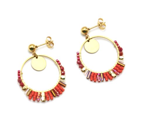 Boucles-dOreilles-Medaille-et-Cercle-Acier-Dore-avec-Perles-Tissees-Orange-Rouge