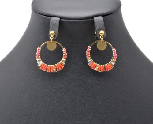 Boucles-dOreilles-Medaille-et-Cercle-Acier-Dore-avec-Perles-Tissees-Orange-Rouge