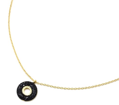 Collier-Pendentif-Cercle-Strass-Noir-et-Centre-Soleil-Ajoure-Acier-Dore