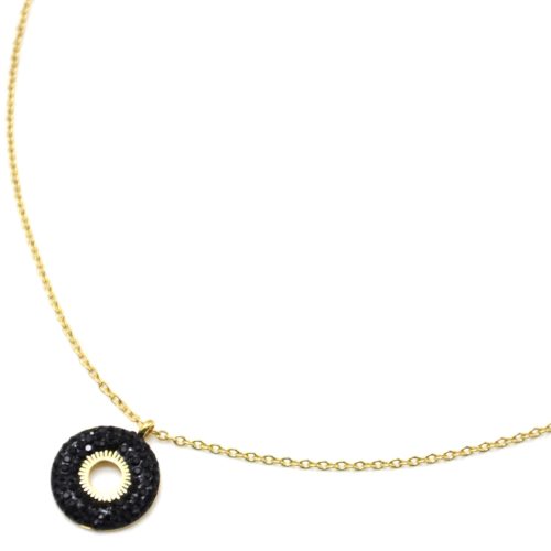 Collier-Pendentif-Cercle-Strass-Noir-et-Centre-Soleil-Ajoure-Acier-Dore