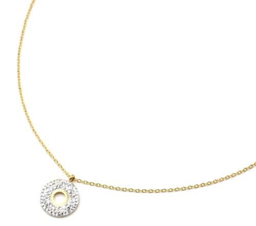 Collier-Pendentif-Cercle-Strass-Blanc-et-Centre-Soleil-Ajoure-Acier-Dore