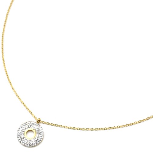 Collier-Pendentif-Cercle-Strass-Blanc-et-Centre-Soleil-Ajoure-Acier-Dore