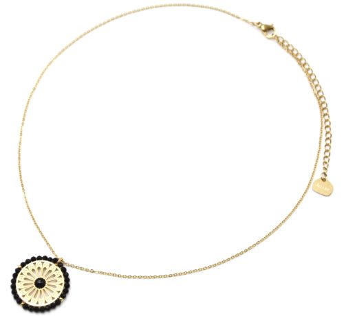 Collier-Pendentif-Fleur-Ajouree-Acier-Dore-Pierre-et-Contour-Perles-Noires