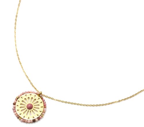 Collier-Pendentif-Fleur-Ajouree-Acier-Dore-Pierre-et-Contour-Perles-Roses