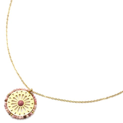 Collier-Pendentif-Fleur-Ajouree-Acier-Dore-Pierre-et-Contour-Perles-Roses