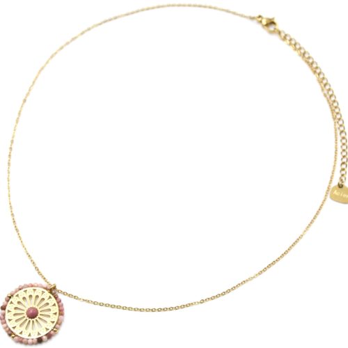 Collier-Pendentif-Fleur-Ajouree-Acier-Dore-Pierre-et-Contour-Perles-Roses