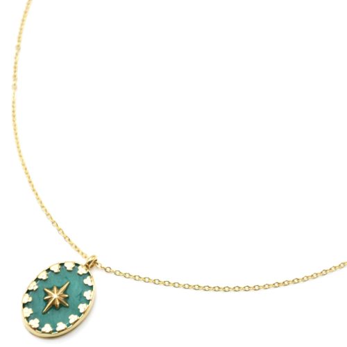 Collier-Pendentif-Pierre-Ovale-Verte-Etoile-et-Contour-Acier-Dore