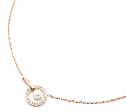 Collier-Fine-Chaine-Pendentif-Cercle-Strass-et-Rectangle-Acier-Or-Rose-avec-Perle