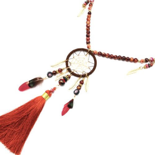 Sautoir-Collier-Perles-Bois-Verre-Terracotta-avec-Attrape-Reves-Plumes-et-Pompon