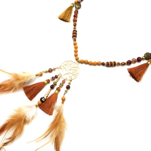 Sautoir-Collier-Perles-Bois-Verre-avec-Arbre-de-Vie-Plumes-et-Pompons-Beiges
