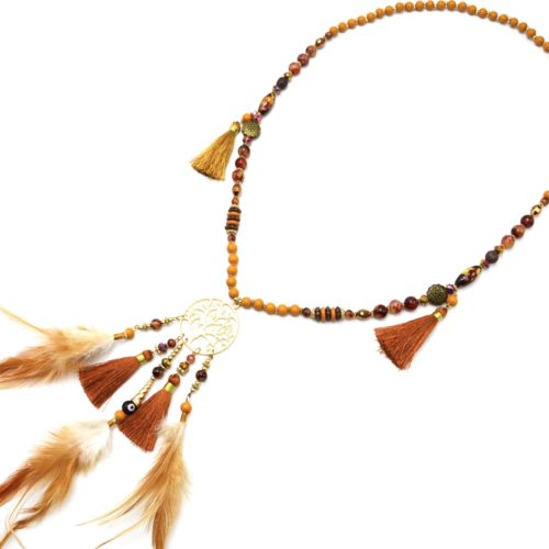 Sautoir-Collier-Perles-Bois-Verre-avec-Arbre-de-Vie-Plumes-et-Pompons-Beiges