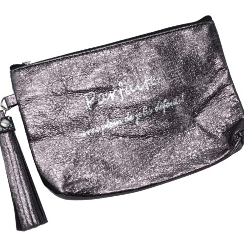 Trousse-Pochette-Metallisee-Message-Les-copines-c-est-la-vie-Pompon-Marron-Gris