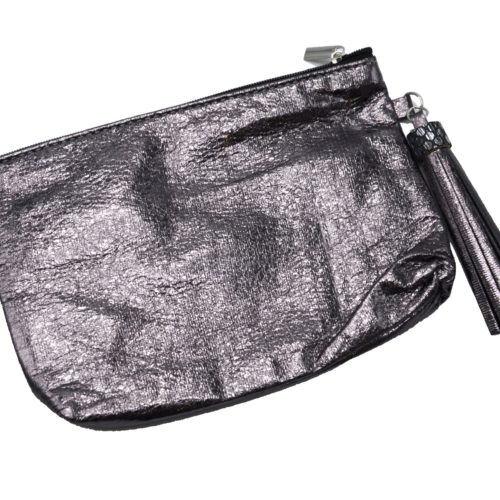 Trousse-Pochette-Metallisee-Message-et-Pompon-Marron-Gris