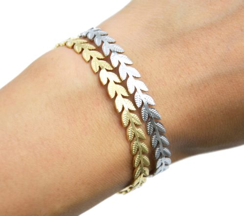 Bracelet-Jonc-Feuilles-Laurier-Acier-avec-Chainette-Fermoir