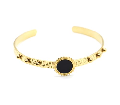 Bracelet-Jonc-Ouvert-Martele-avec-Billes-et-Soleil-Acier-Dore-Centre-Nacre-Noir