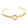 Bracelet-Jonc-Ouvert-Martele-avec-Billes-et-Soleil-Acier-Dore-Centre-Nacre-Blanc