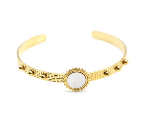 Bracelet-Jonc-Ouvert-Martele-avec-Billes-et-Soleil-Acier-Dore-Centre-Nacre-Blanc