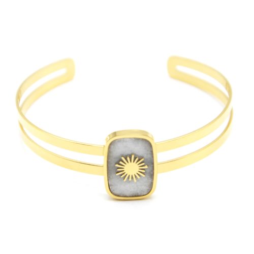 Bracelet-Jonc-Ajoure-avec-Pierre-Rectangle-Blanc-Gris-Effet-Naturel-et-Soleil-Acier-Dore