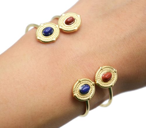 Bracelet-Jonc-avec-Double-Ovales-Relief-Points-Acier-Dore-et-Pierre-Couleur