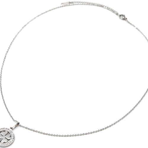 Collier-Fine-Chaine-Pendentif-Trefle-Acier-Argente-et-Cercle-Contour-Strass