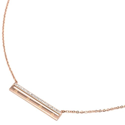 Collier-Fine-Chaine-Pendentif-Rectangle-Ajoure-Acier-Or-Rose-et-Strass