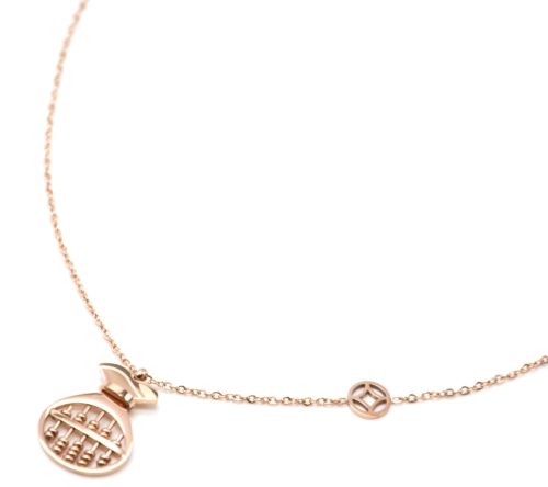 Collier-Fine-Chaine-Pendentif-Bourse-avec-Boulier-Acier-Or-Rose