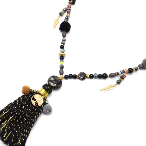 Sautoir-Collier-Perles-Verre-avec-Pierre-Plumes-Arbre-et-Pompons-Noir-Gris